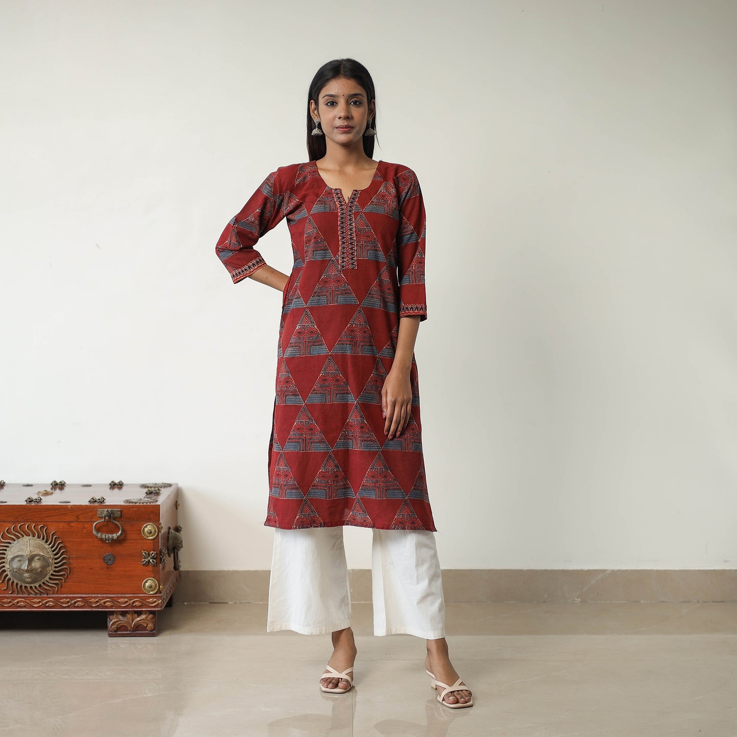 Red - Block Printed Cotton Straight Ajrakh Kurta 28