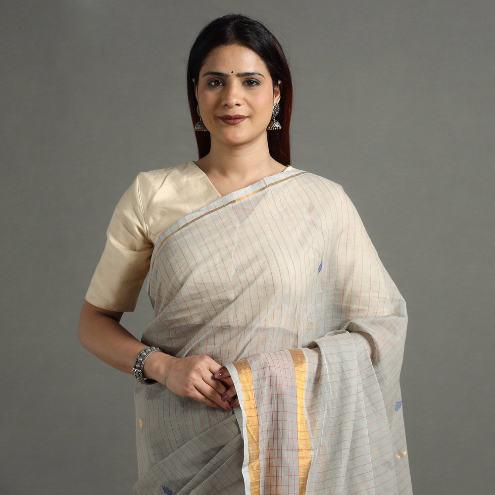 Grey - Traditional Venkatagiri Handloom Cotton Stripe Saree with Thread & Zari Buti 36