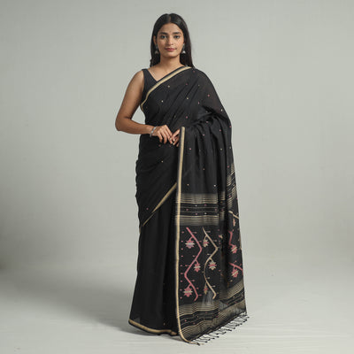 Black - Handloom Cotton Phulia Jamdani Saree with Tassels 34