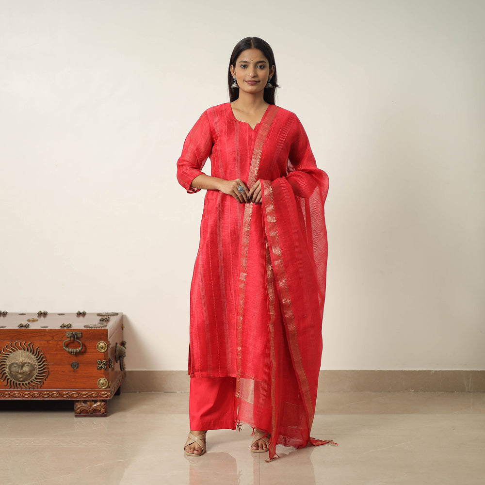 Red - Elegant Linen Silk Handloom Plain Kurta Set 03