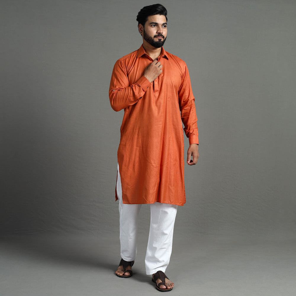 Burnt Orange - Linen Viscose Plain Men Long Pathani Kurta