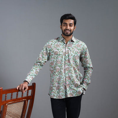 Green - Sanganeri Block Printed Cotton Men Full Sleeve Shirt 03