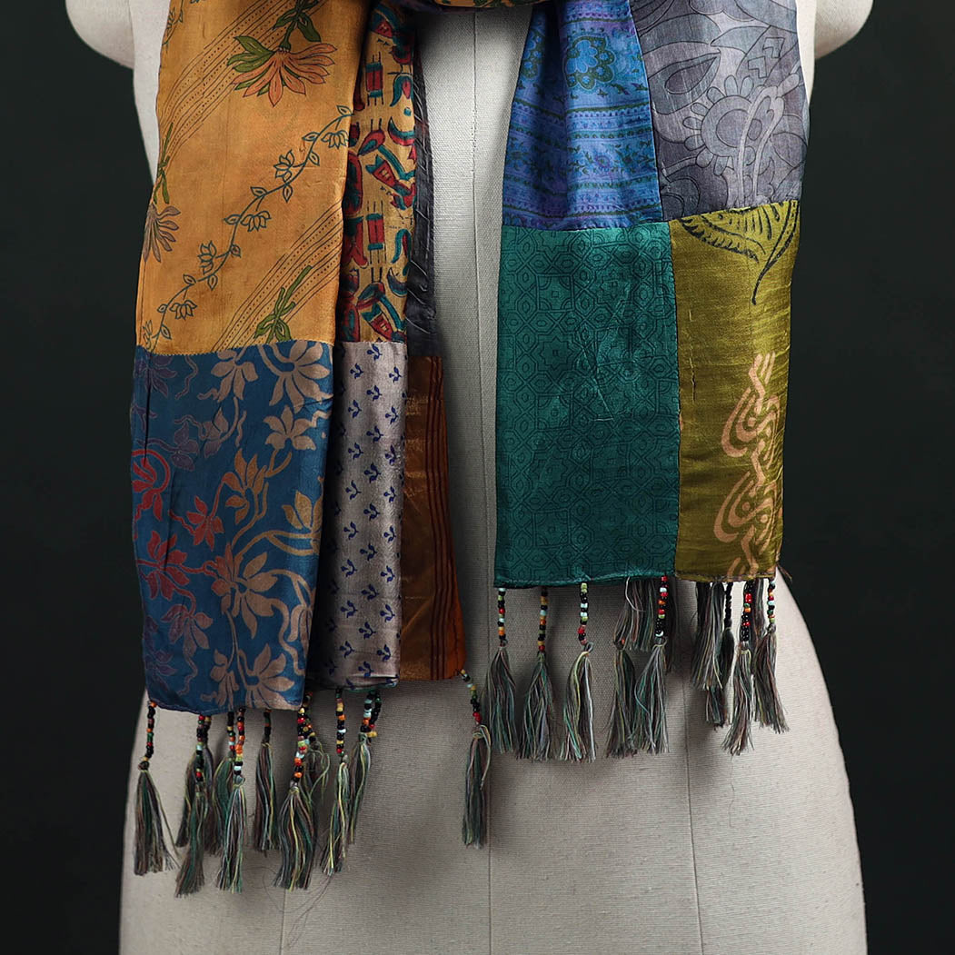 Pure Silk Reversible Patchwork Stole with Tassels 04