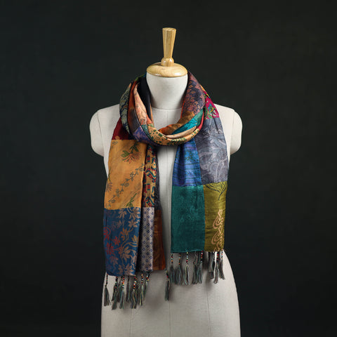 Multicolor - Pure Silk Reversible Patchwork Stole with Tassels 04