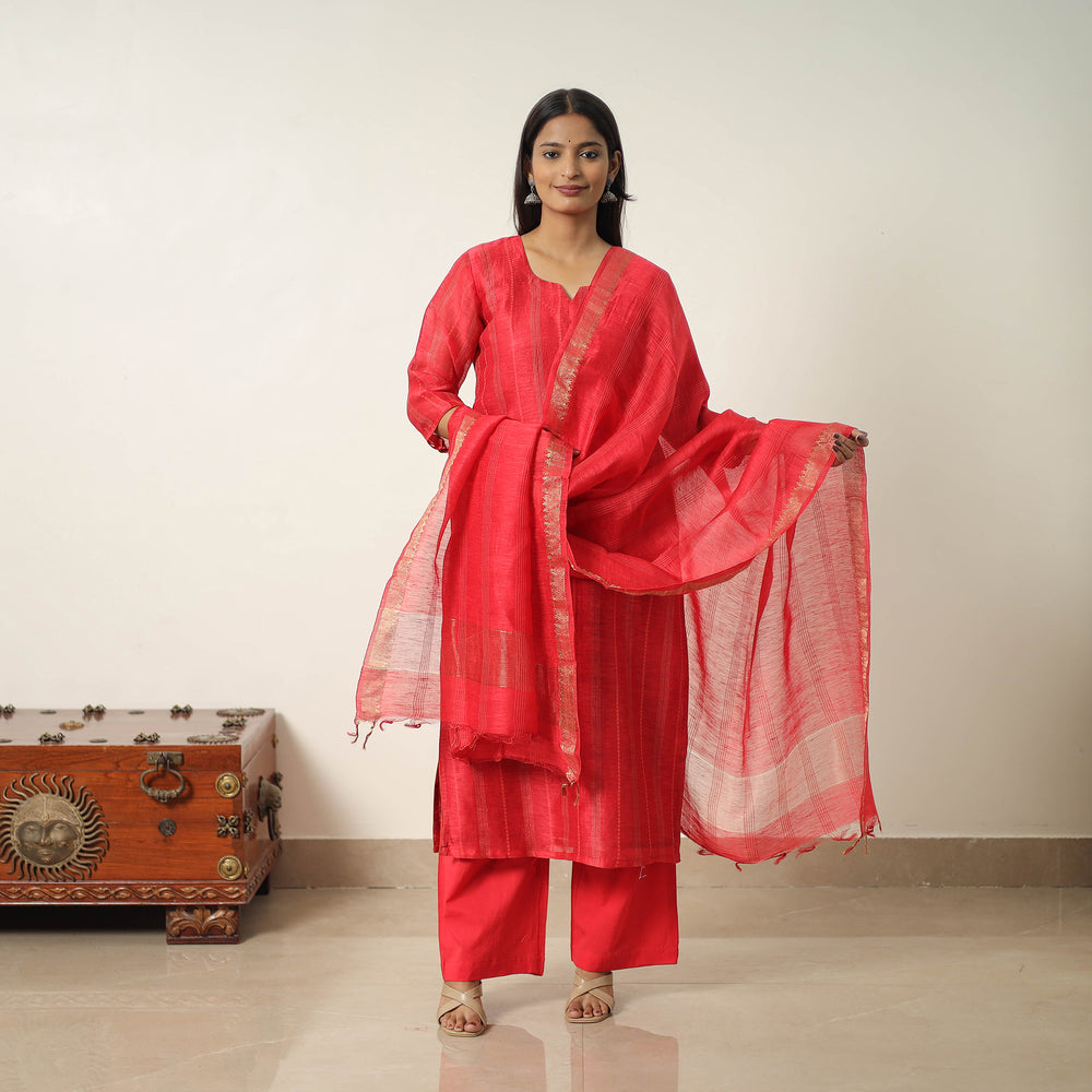 Red - Elegant Linen Silk Handloom Plain Kurta Set 03