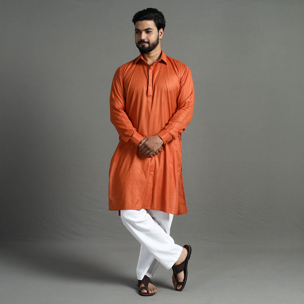 Burnt Orange - Linen Viscose Plain Men Long Pathani Kurta