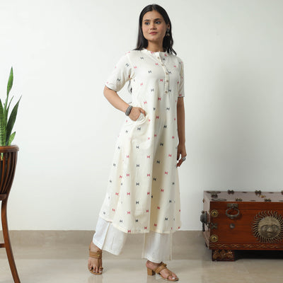 White - Jacquard Cotton A-Line Kurta 20