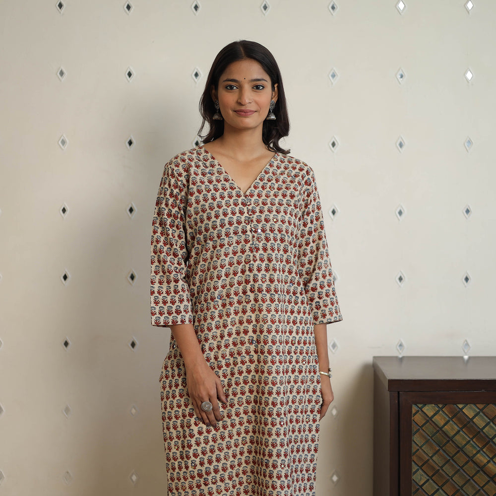 Multicolor - Sequins Work Cotton Straight Ajrakh Print Kurta 02