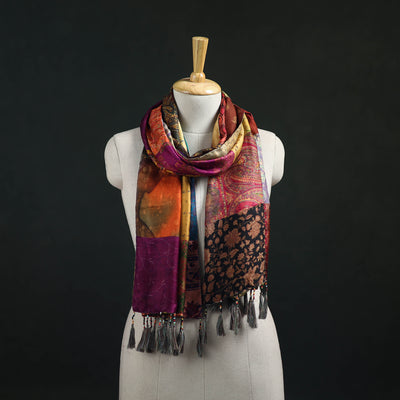 Pure Silk Reversible Patchwork Stole with Tassels 05