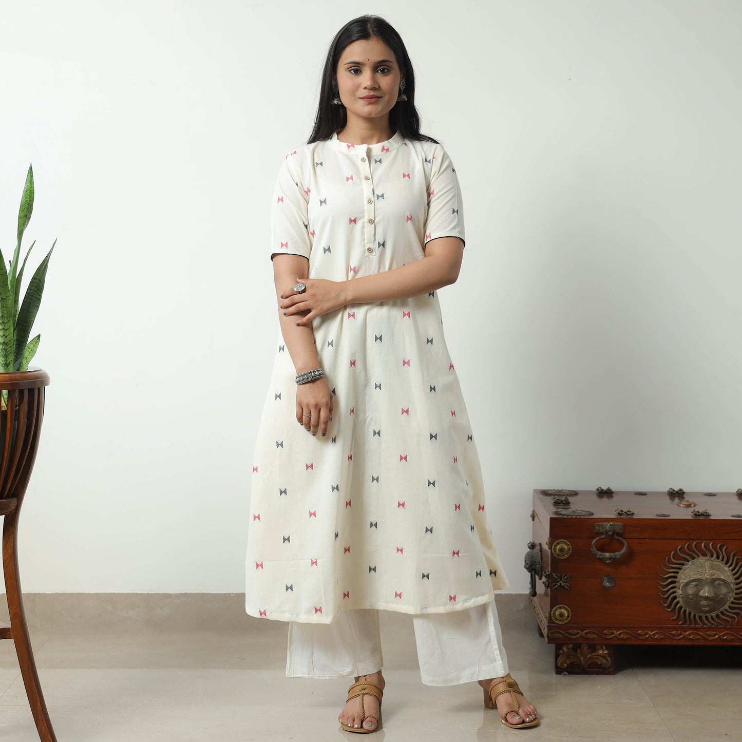 White - Jacquard Cotton A-Line Kurta 20