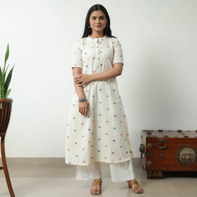 White - Jacquard Cotton A-Line Kurta 20