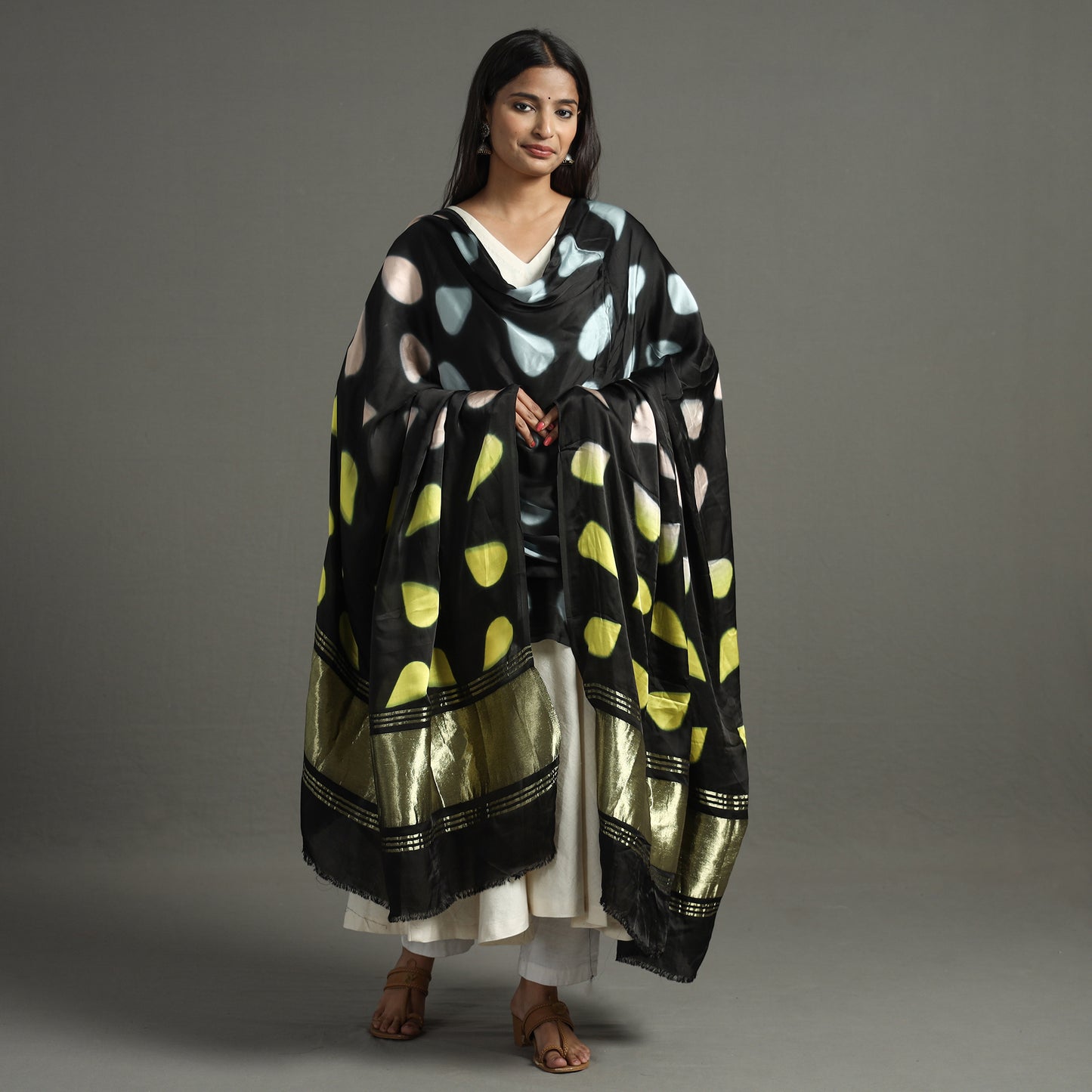 Multicolor - Shibori Clamp Dyed Modal Silk Dupatta with Zari Border 33