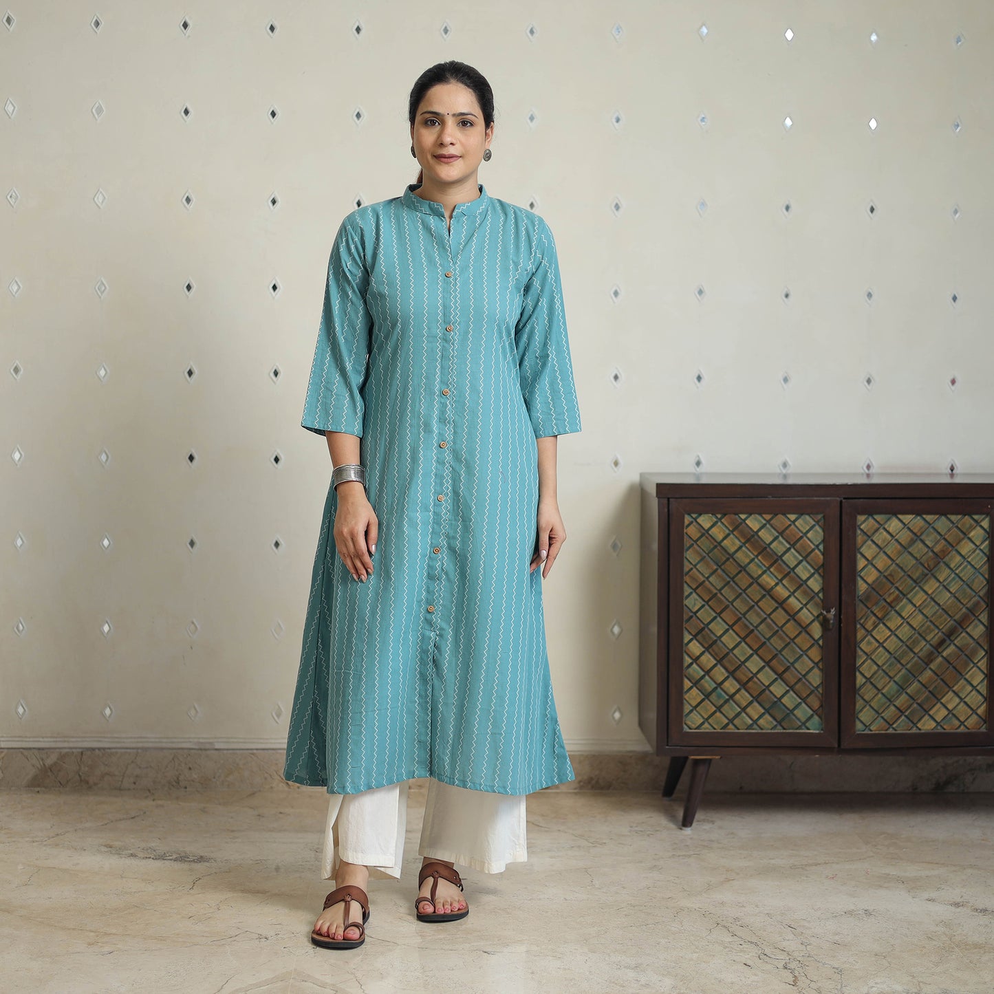 Green - Jacquard Cotton A-Line Kurta 19