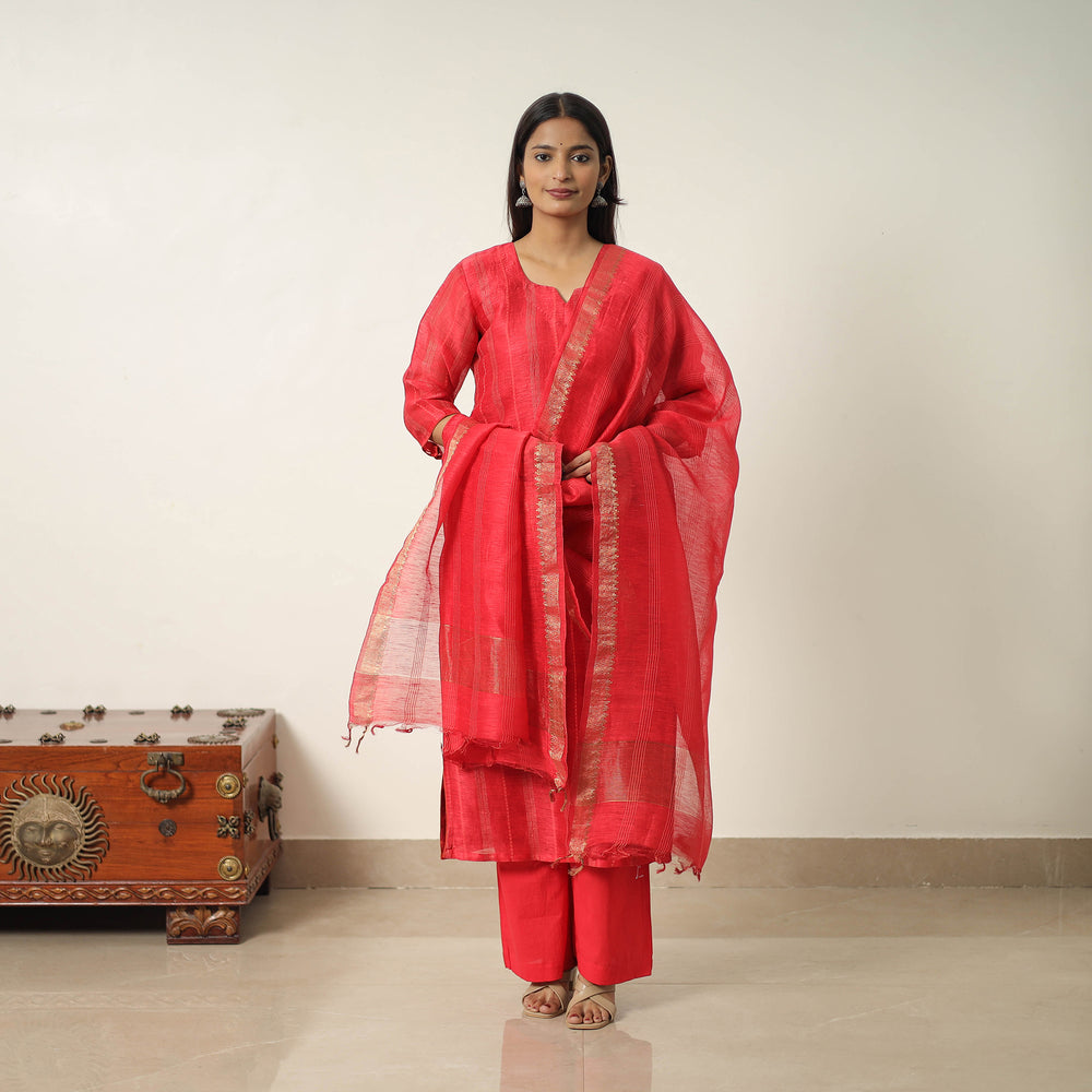 Red - Elegant Linen Silk Handloom Plain Kurta Set 03