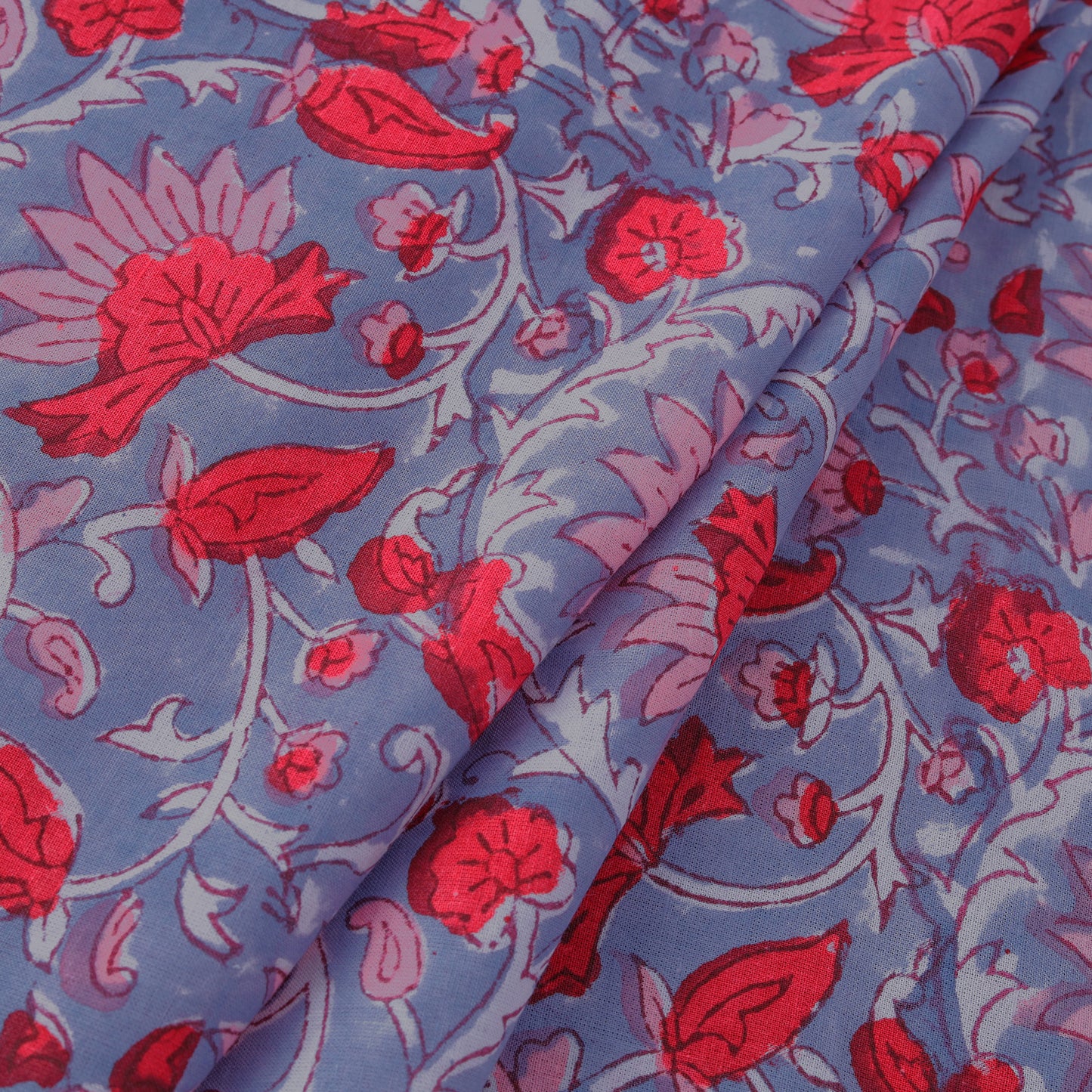 Purple - Floral Sanganeri Block Print Cotton Fabric 01