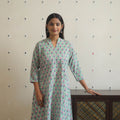 Light Green - Block Print Cotton A-Line Sanganeri Kurta 11