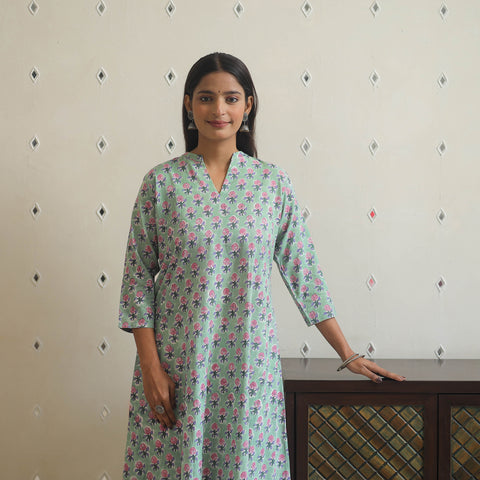 Light Green - Block Print Cotton A-Line Sanganeri Kurta 11