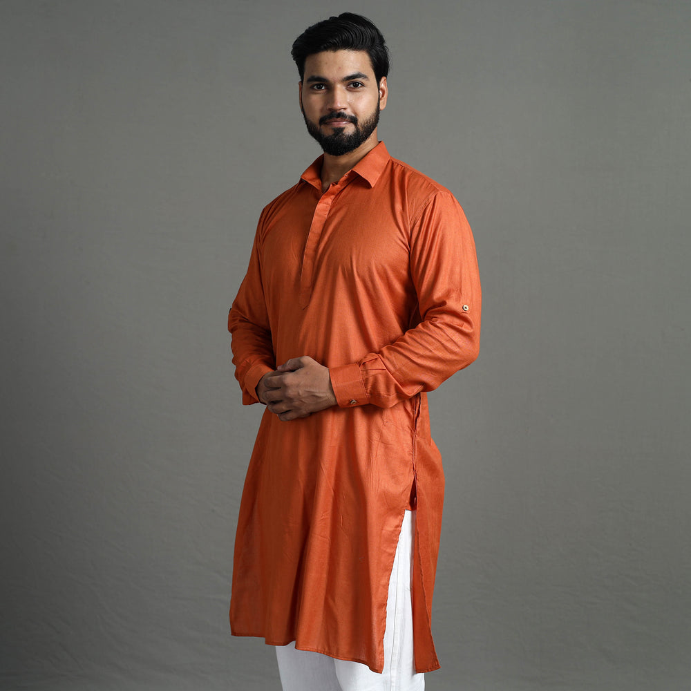 Burnt Orange - Linen Viscose Plain Men Long Pathani Kurta