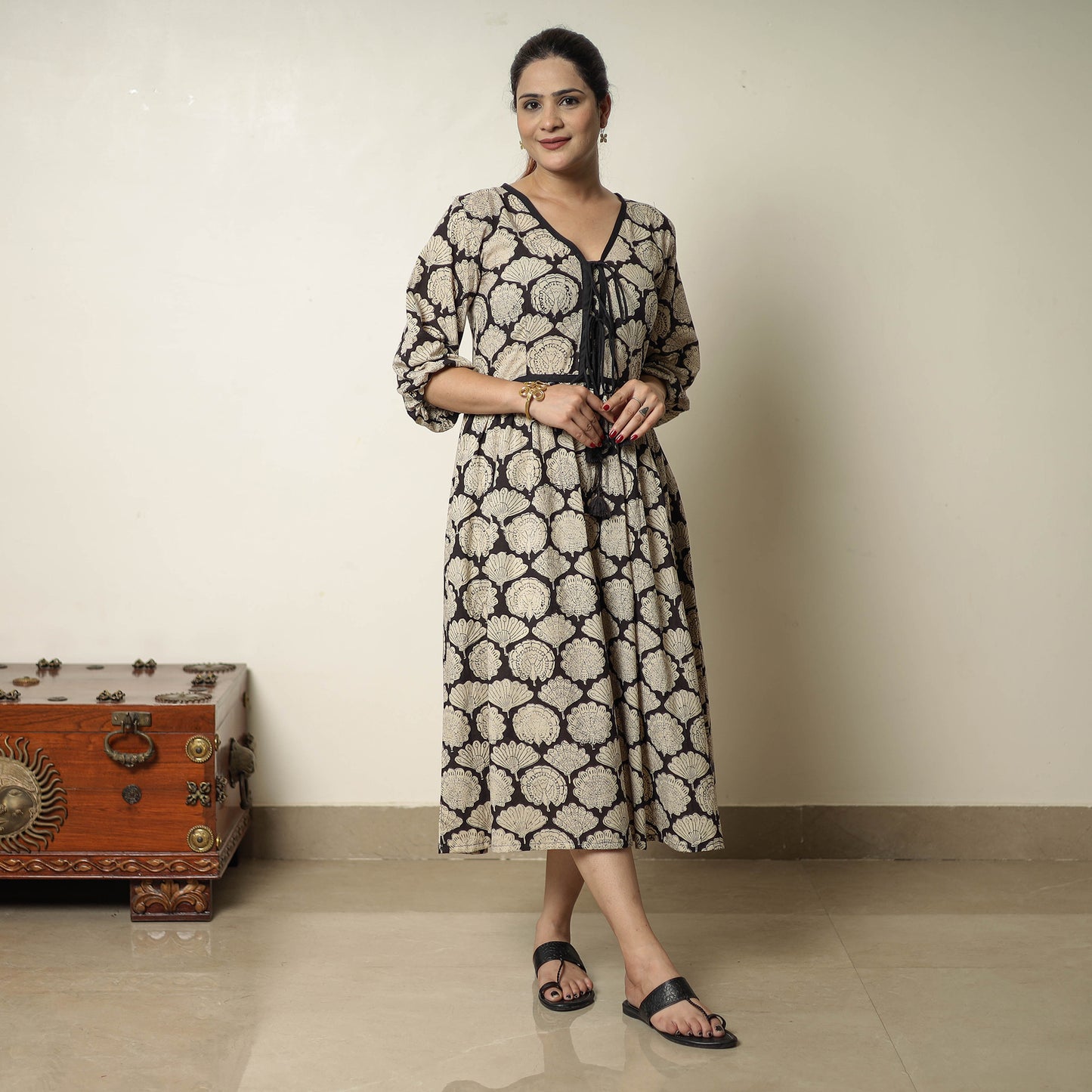 Beige - Bagru Block Printed Cotton Flared Dress 18