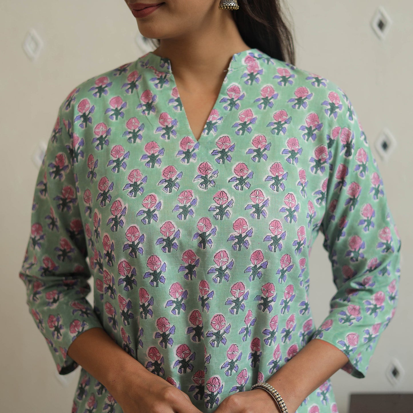 Light Green - Block Print Cotton A-Line Sanganeri Kurta 11