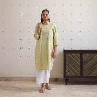 Light Yellow - Shirt Collar Handwoven Cotton Jamdani Kurta 26