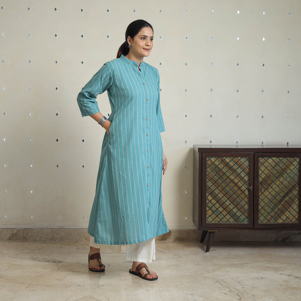 Green - Jacquard Cotton A-Line Kurta 19