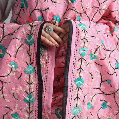 Pink - Ranihati Chanderi Silk Chapa Work Phulkari Embroidered Dupatta 54