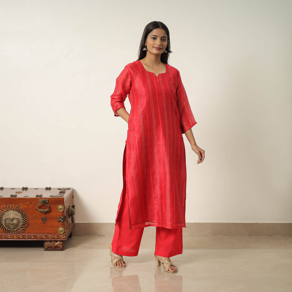 Red - Elegant Linen Silk Handloom Plain Kurta Set 03