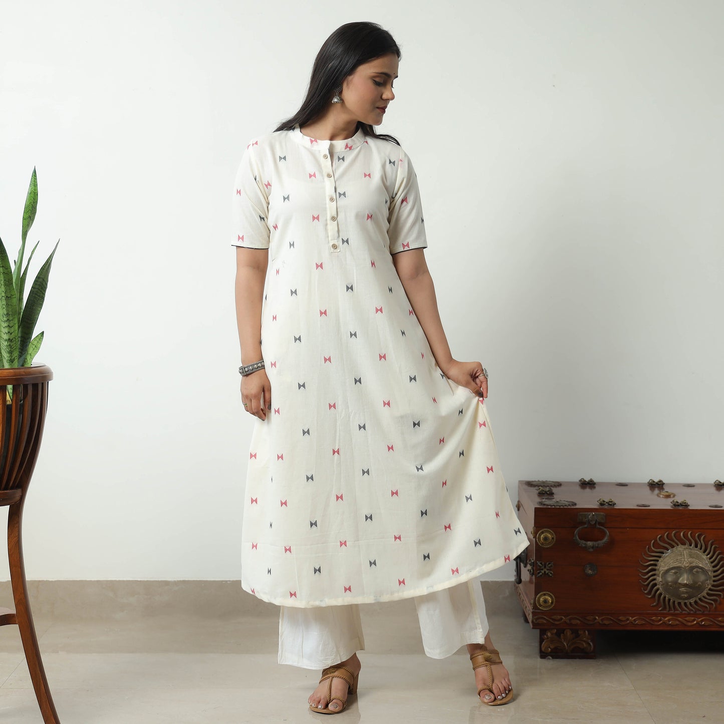 White - Jacquard Cotton A-Line Kurta 20