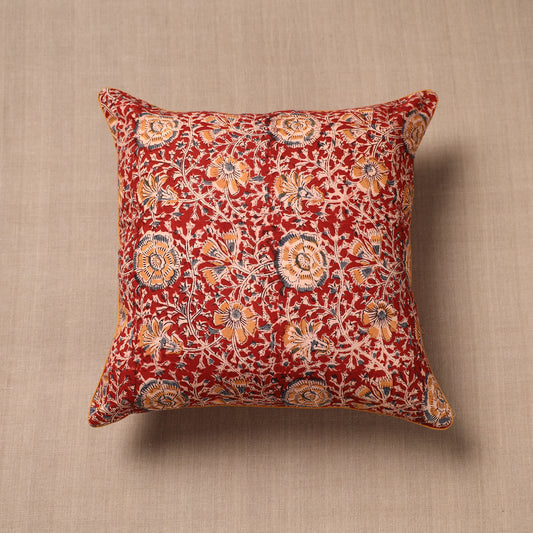 Red - Kalamkari Block Printed Cotton Cushion Cover (16 x 16 in)