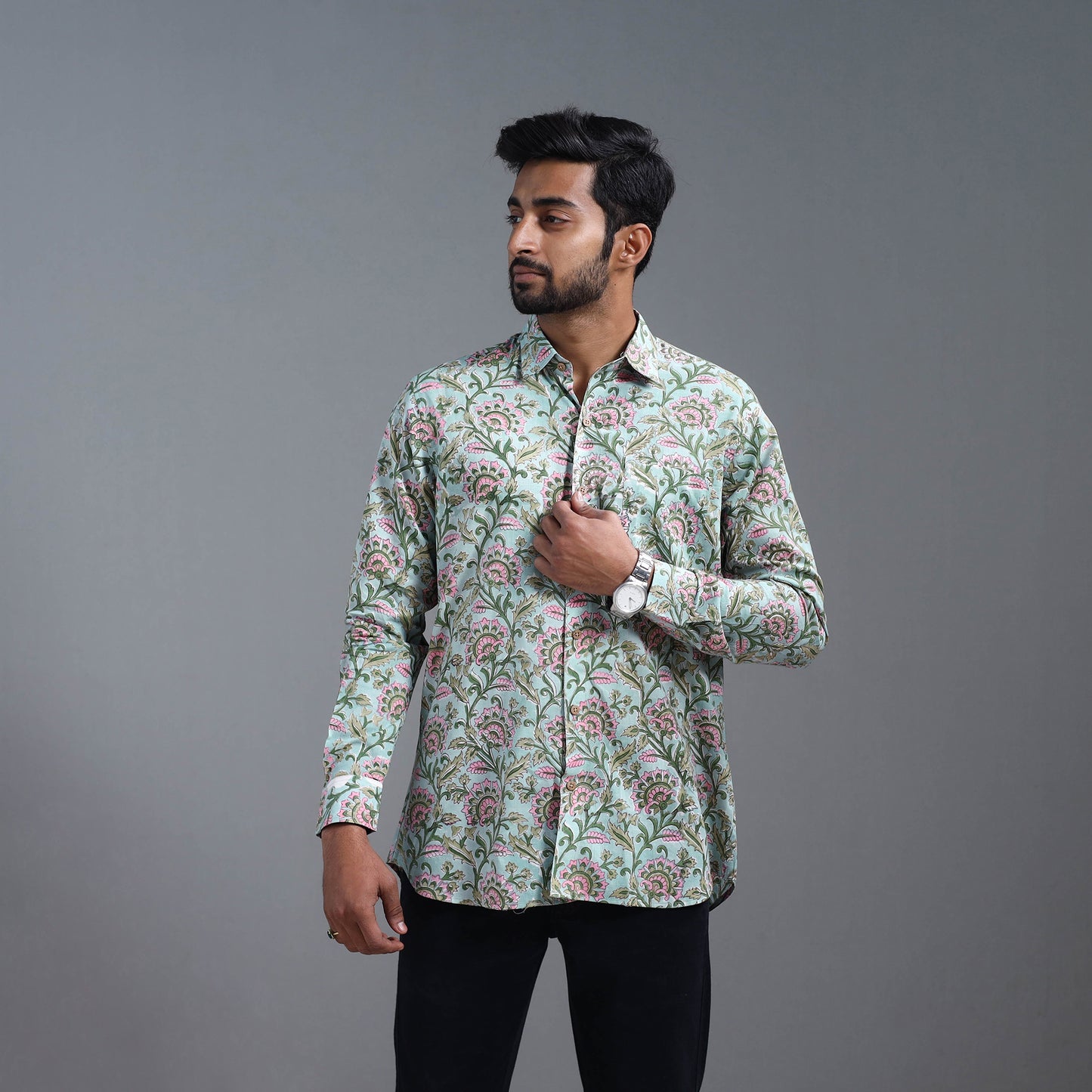 Green - Sanganeri Block Printed Cotton Men Full Sleeve Shirt 03