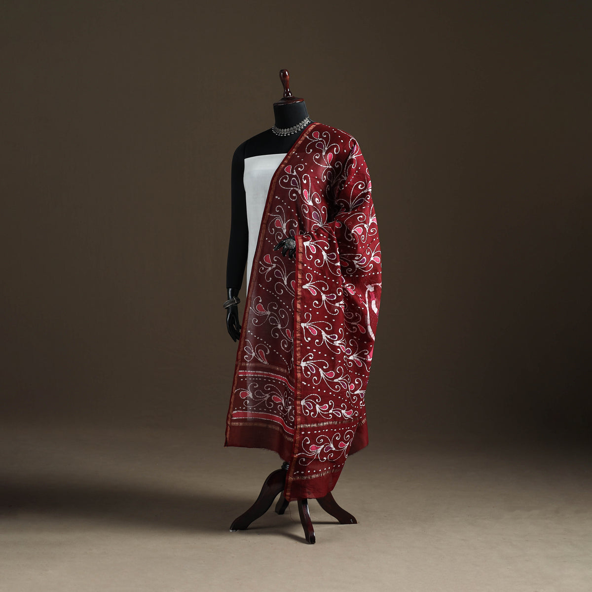 Maroon - hand batik print handloom chanderi silk dupatta 09
