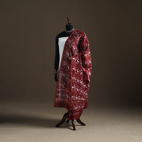 Maroon - Hand Batik Print Handloom Chanderi Silk Dupatta 09