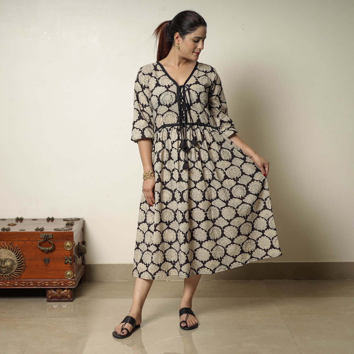 Beige - Bagru Block Printed Cotton Flared Dress 18