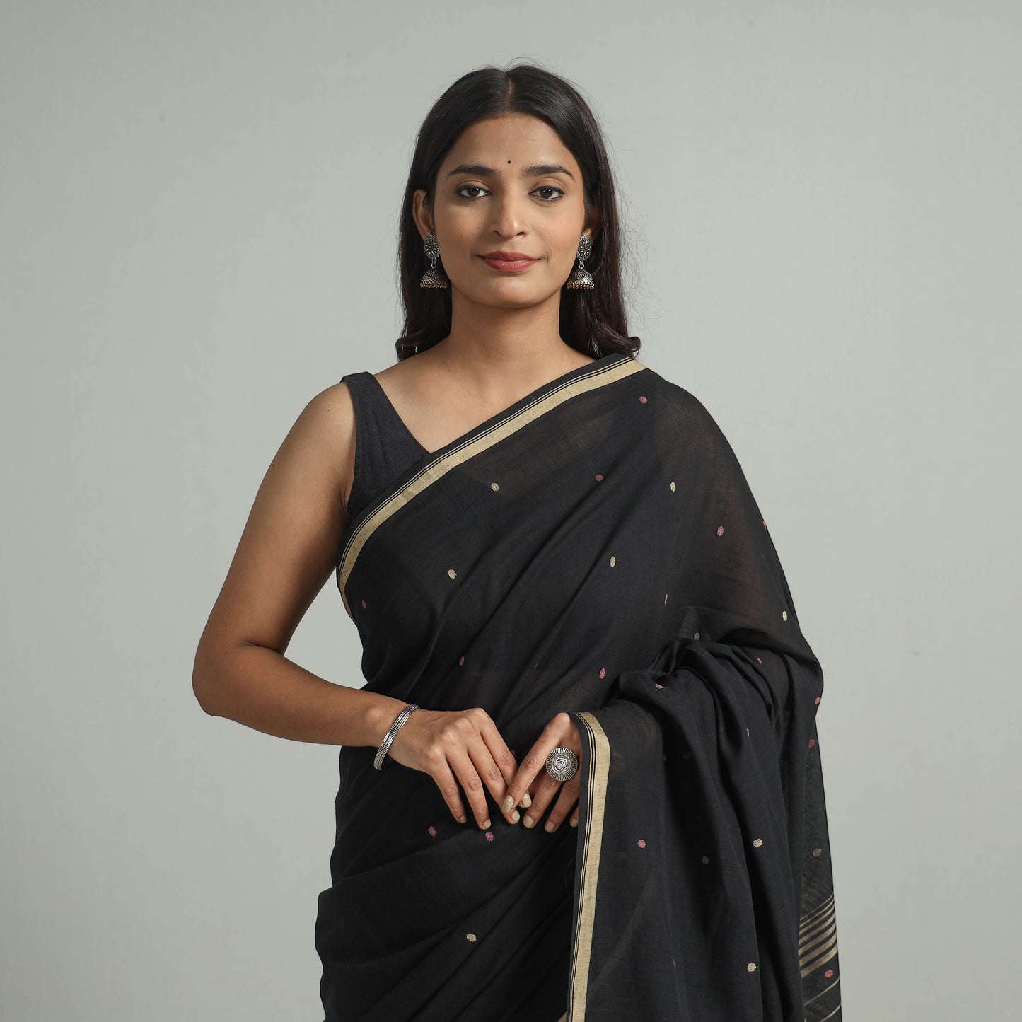 Black - Handloom Cotton Phulia Jamdani Saree with Tassels 34