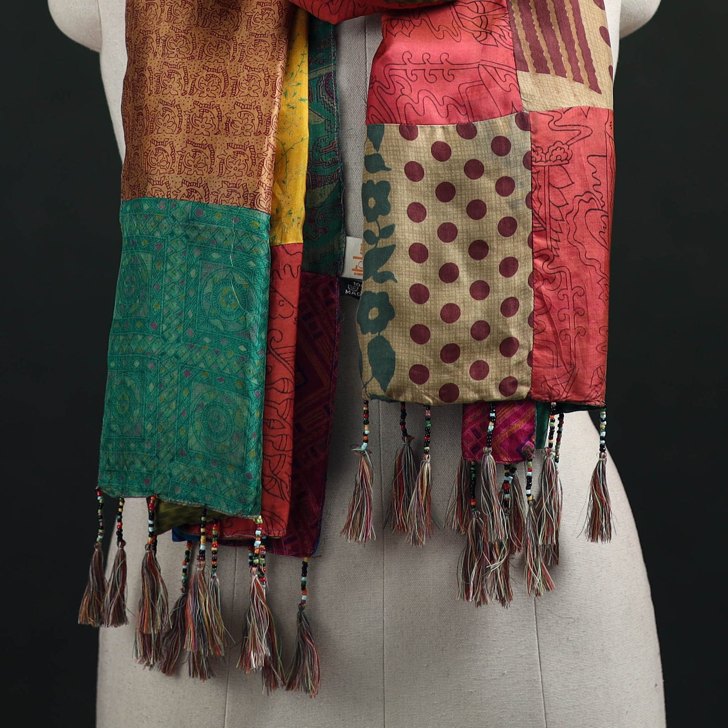 Pure Silk Reversible Patchwork Stole with Tassels 07