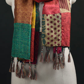 Pure Silk Reversible Patchwork Stole with Tassels 07