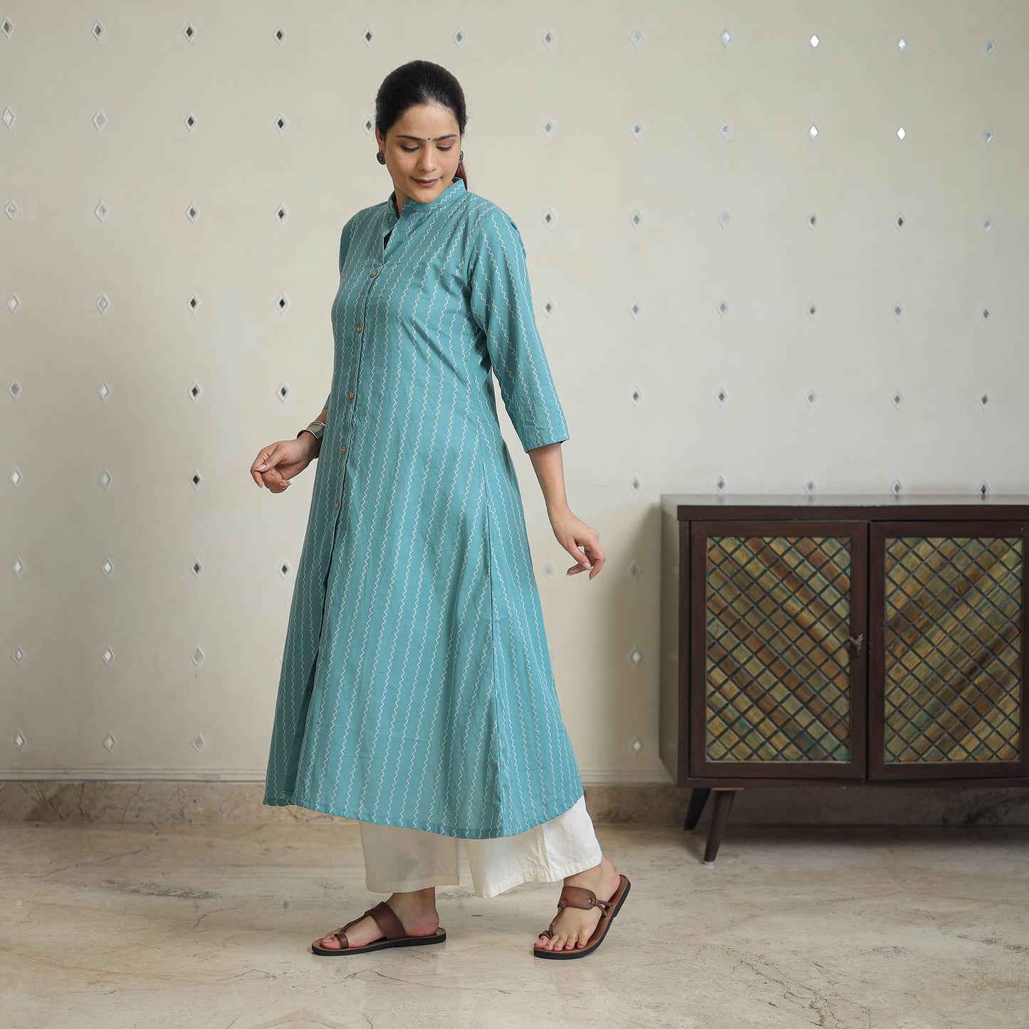 Green - Jacquard Cotton A-Line Kurta 19