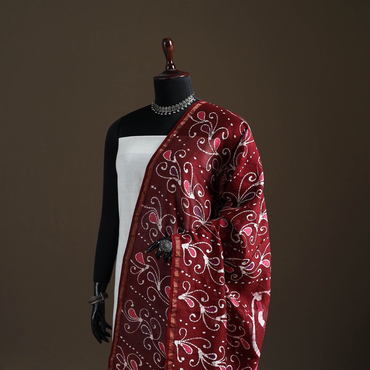 Maroon - hand batik print handloom chanderi silk dupatta 09