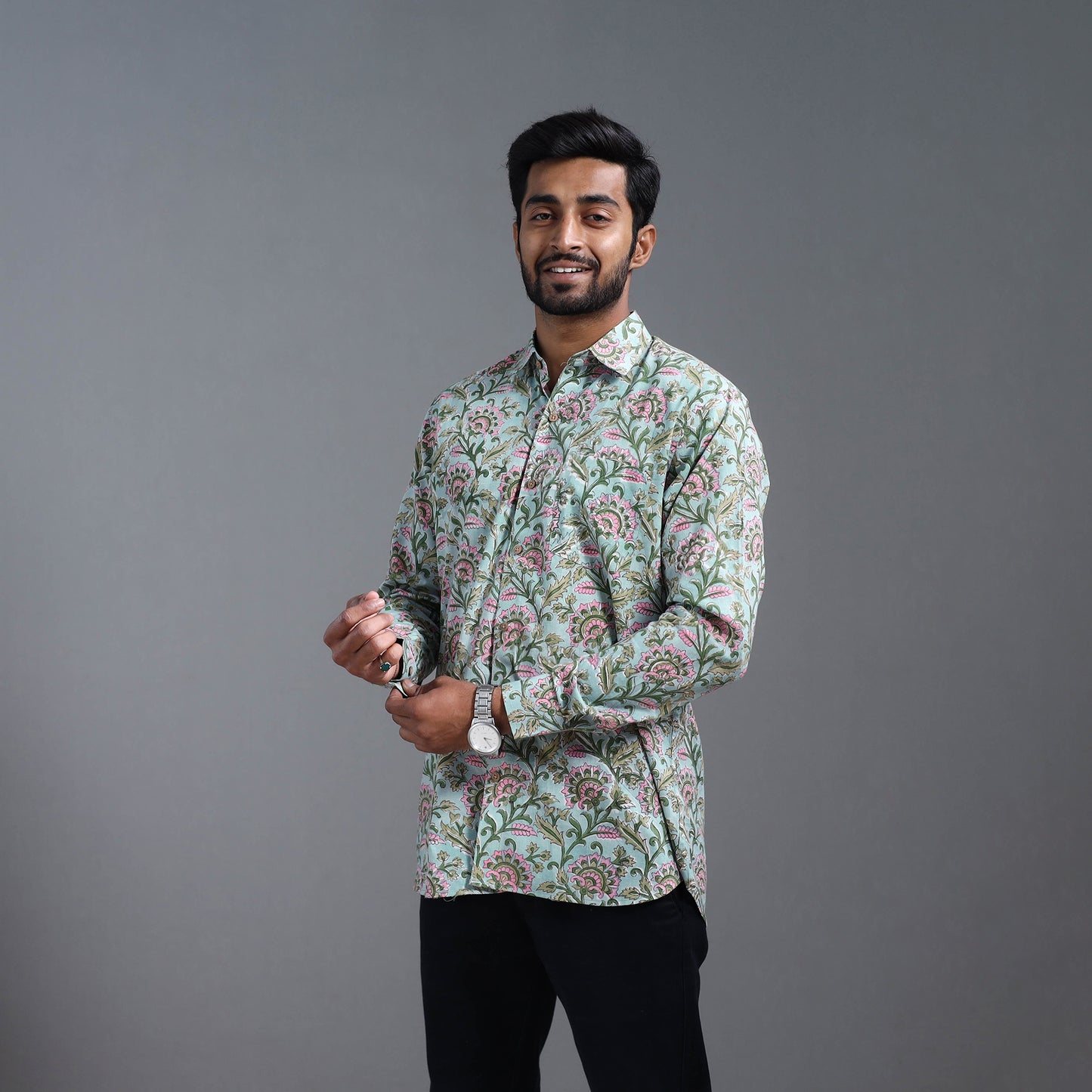 Green - Sanganeri Block Printed Cotton Men Full Sleeve Shirt 03