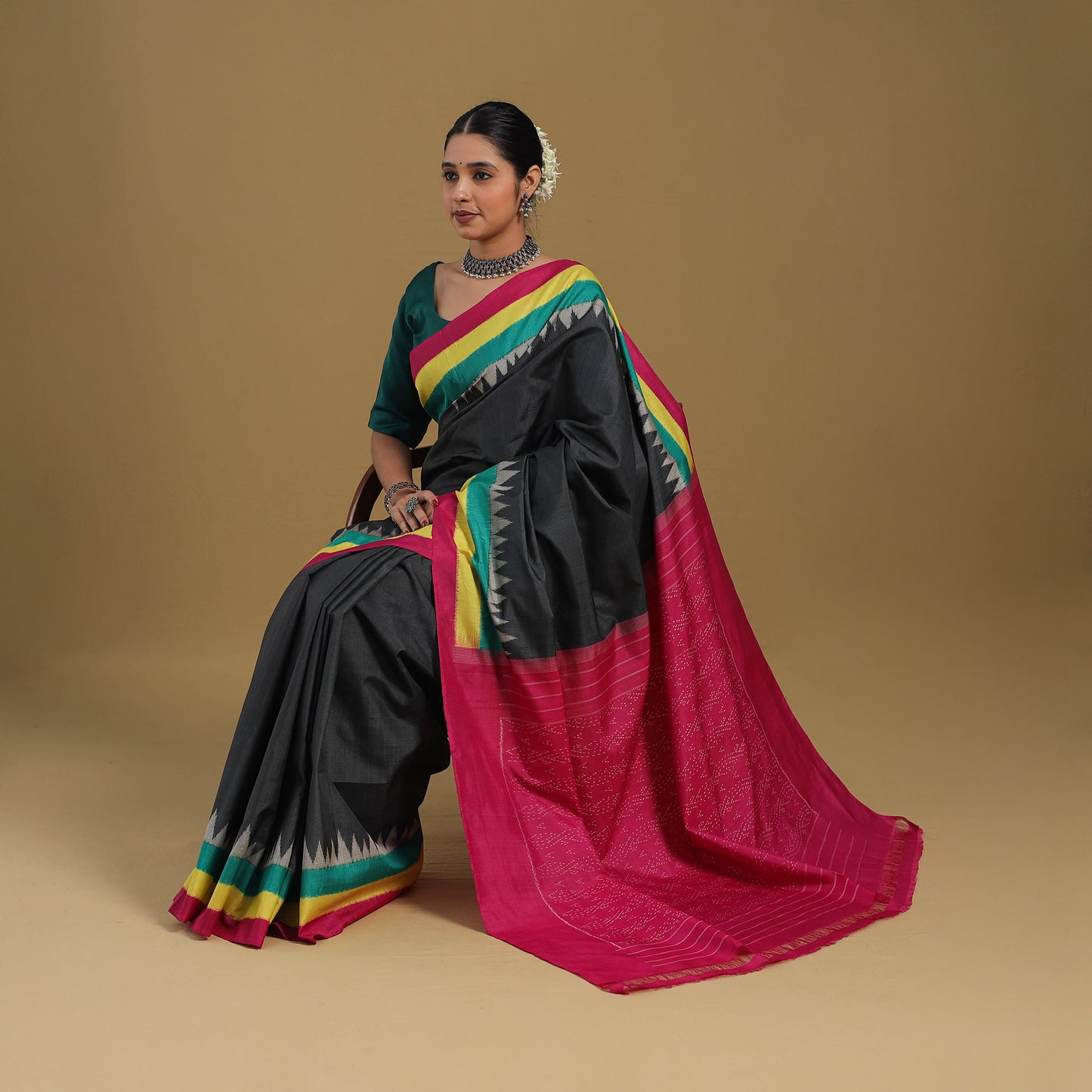 Black - Handspun Handloom Tussar Silk Pochampally Ikat Saree 01