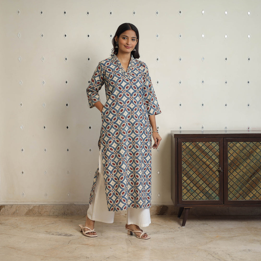 Multicolor - Sequins Work Cotton Straight Ajrakh Print Kurta 06