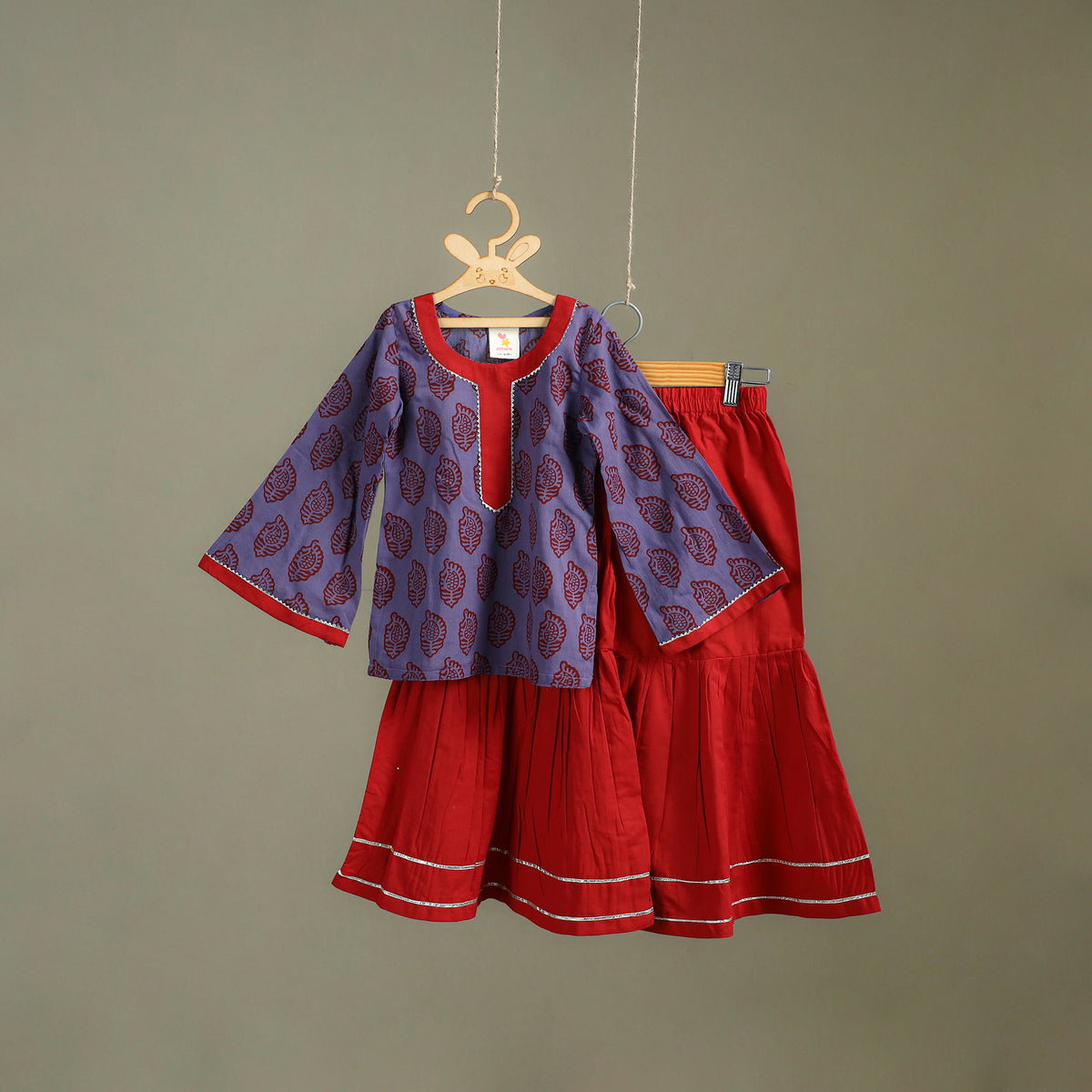 Girls Gota Work Bagh Block Print Cotton Kurta with Sharara Set (3-4 Years) 48