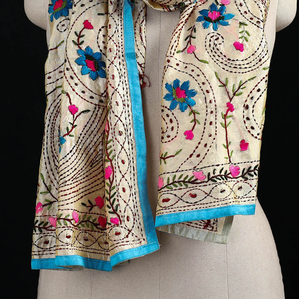 Beige - Ranihati Chanderi Silk Hand Embroidered Stole 90