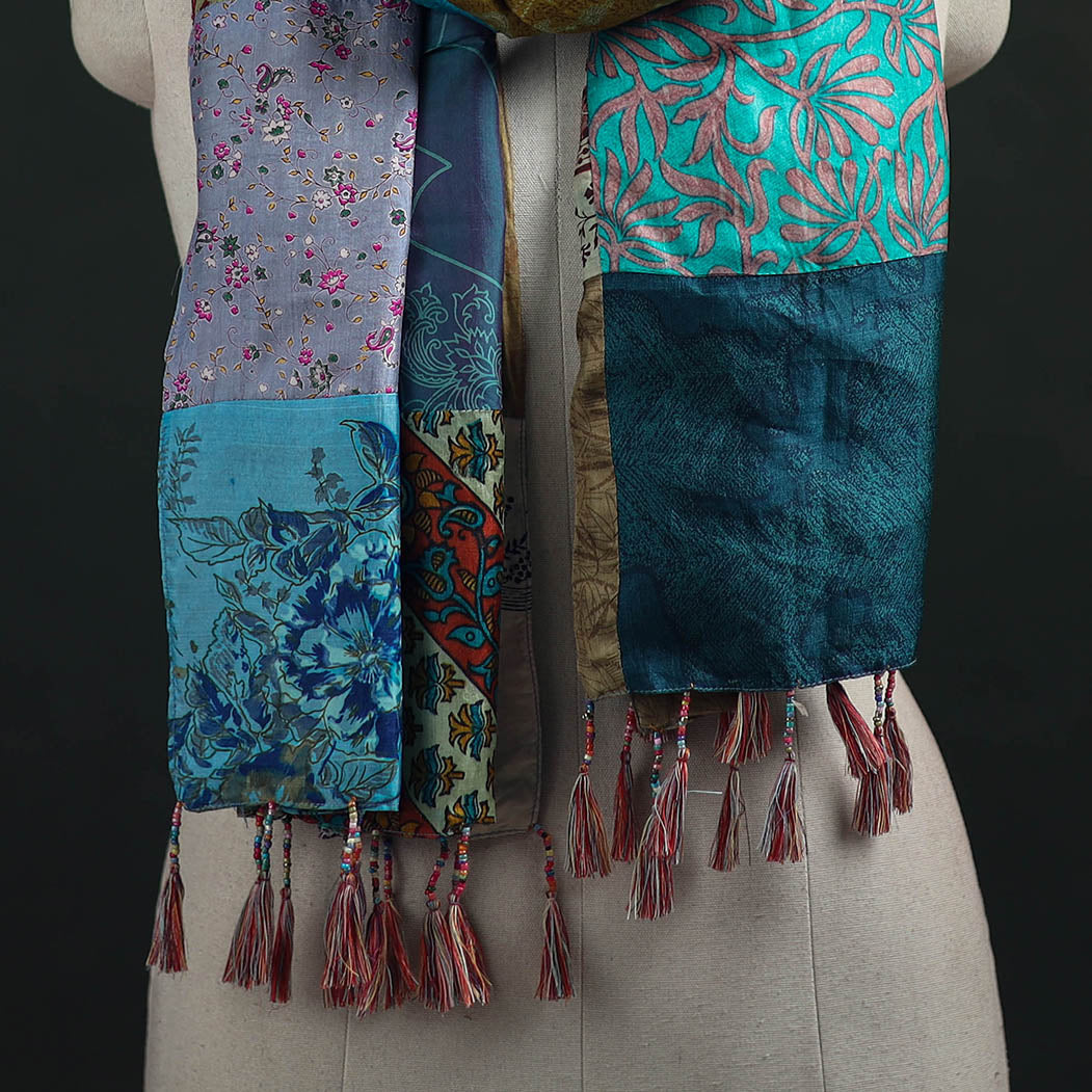Pure Silk Reversible Patchwork Stole with Tassels 08
