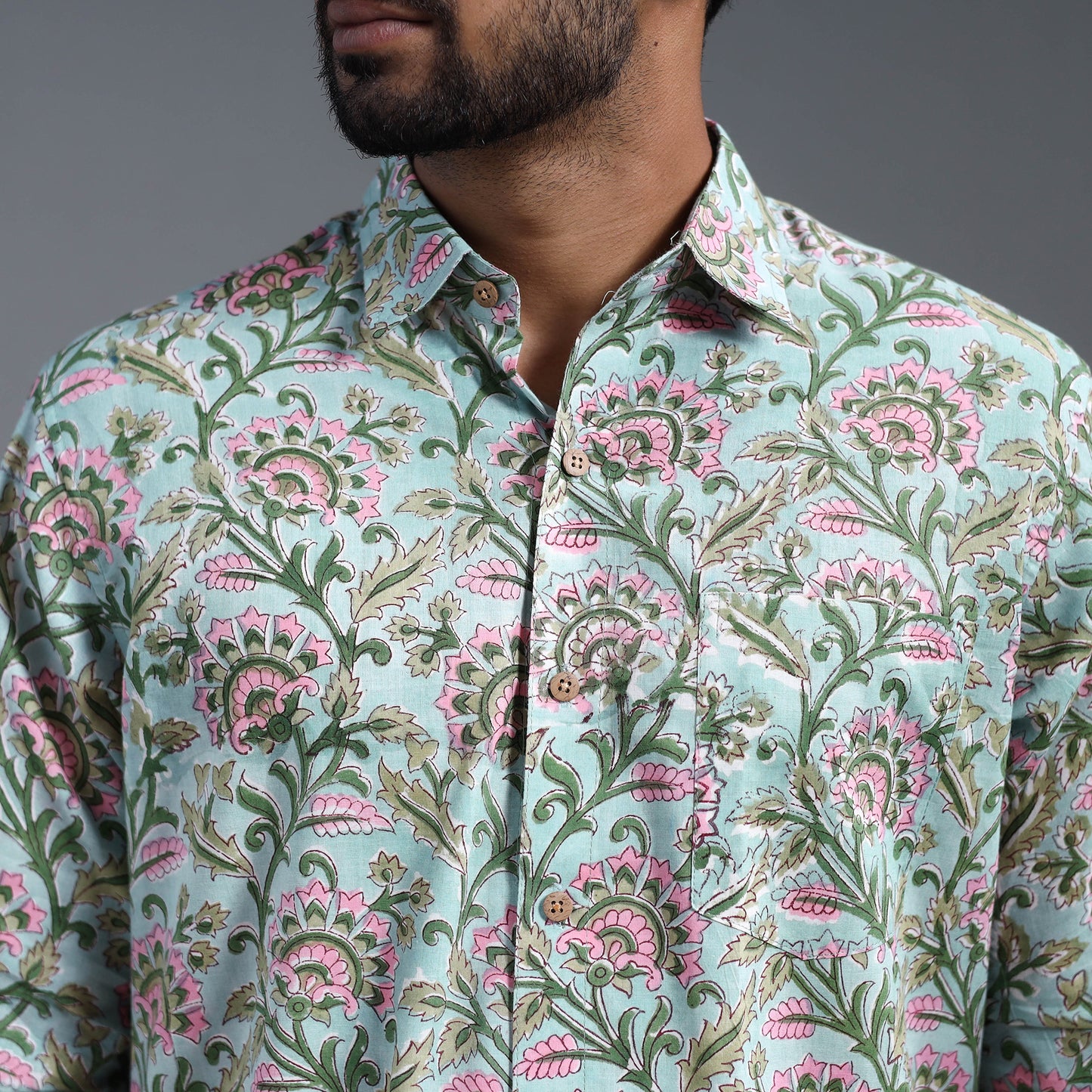 Green - Sanganeri Block Printed Cotton Men Full Sleeve Shirt 03