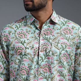 Buy Green Sanganeri Block Print Cotton Men Full Sleeve Shirt
