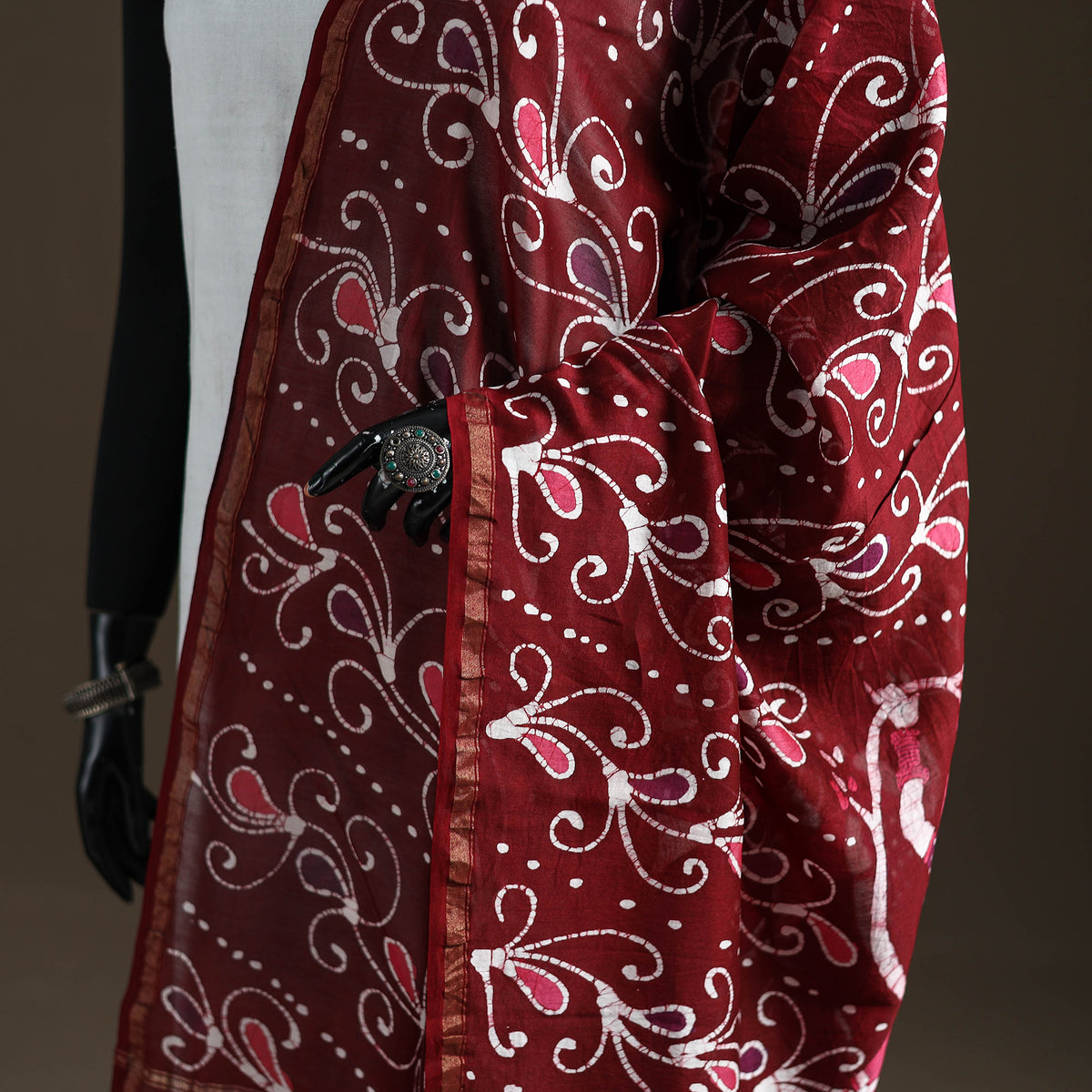 Maroon - hand batik print handloom chanderi silk dupatta 09