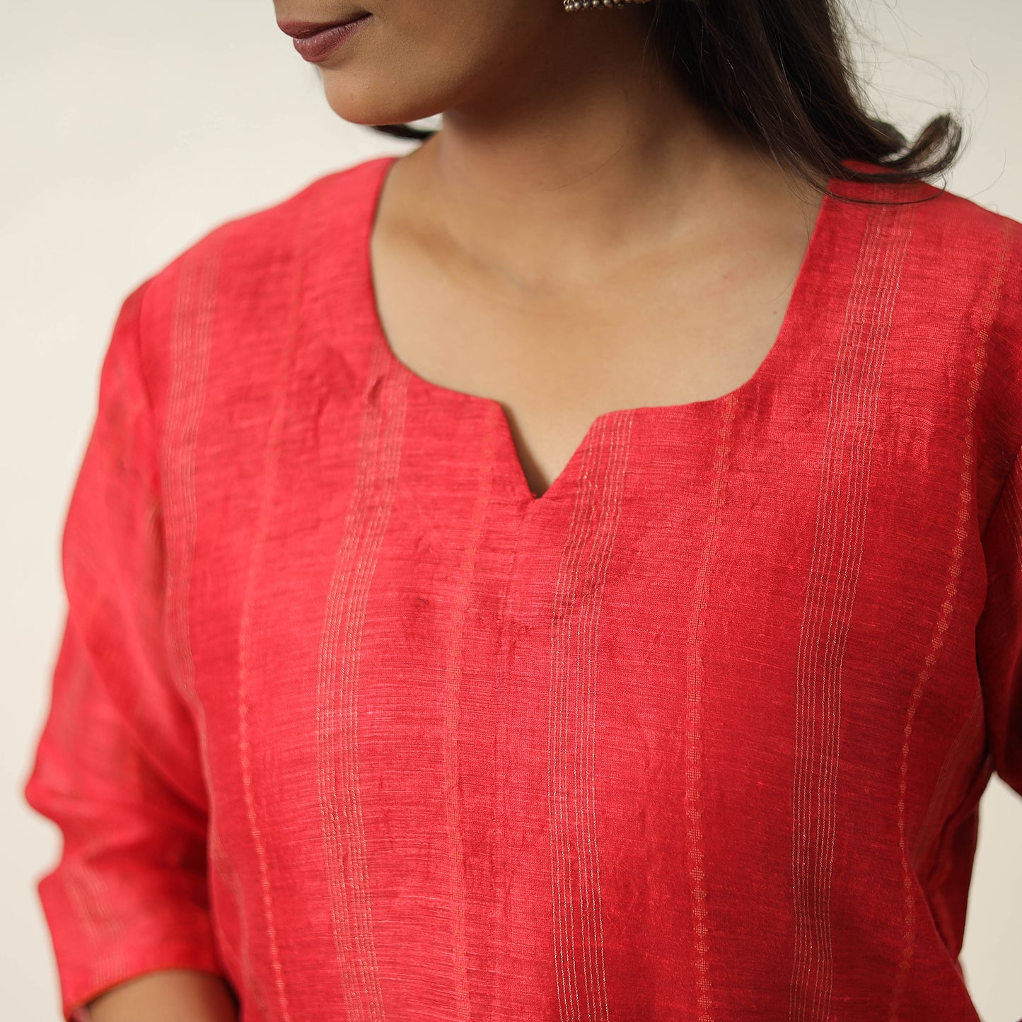 Red - Elegant Linen Silk Handloom Plain Kurta Set 03