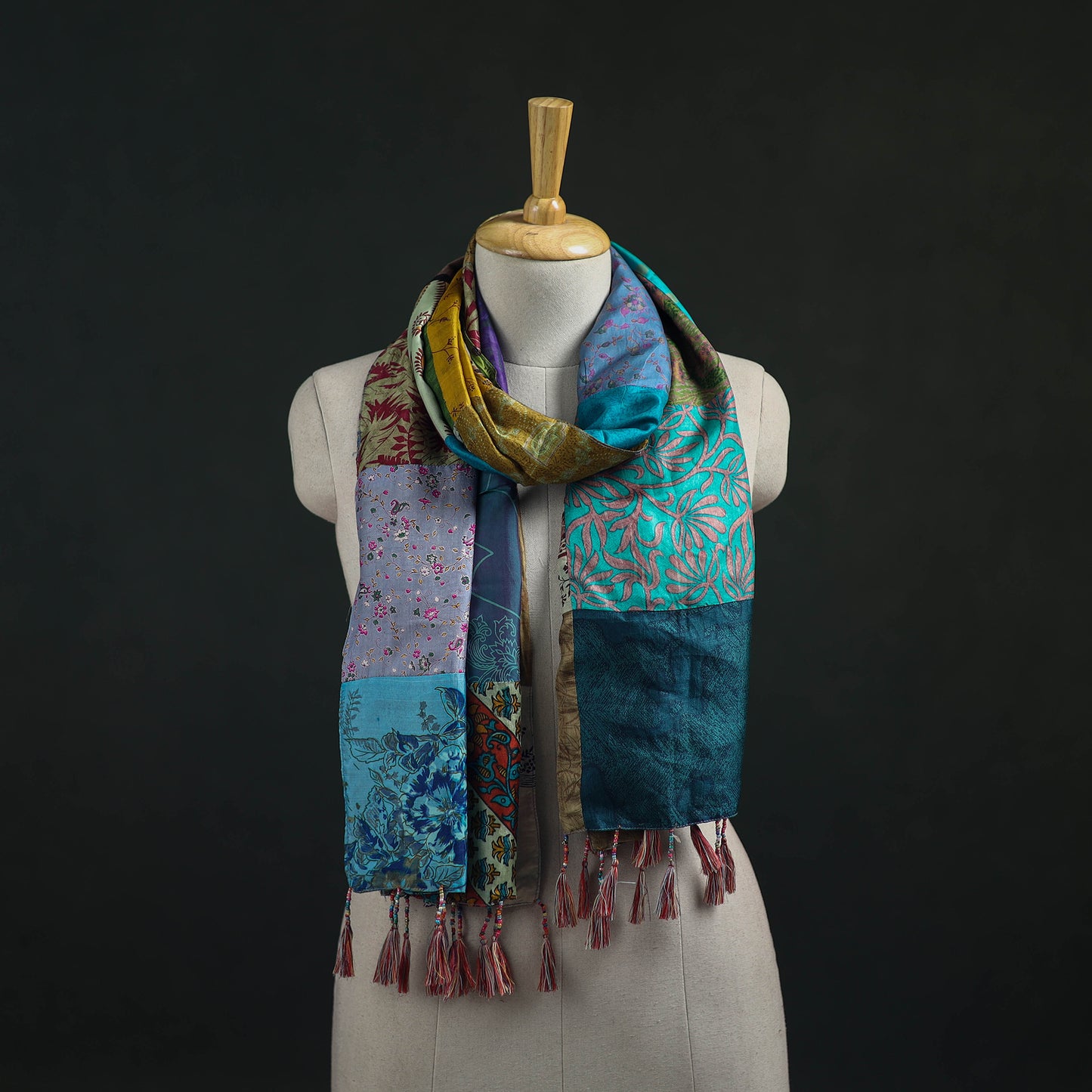 Pure Silk Reversible Patchwork Stole with Tassels 08